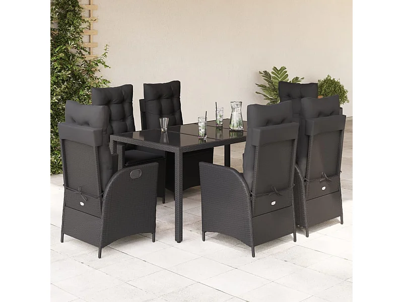 Ensemble à manger de jardin coussins 7pcs Noir Résine tressée