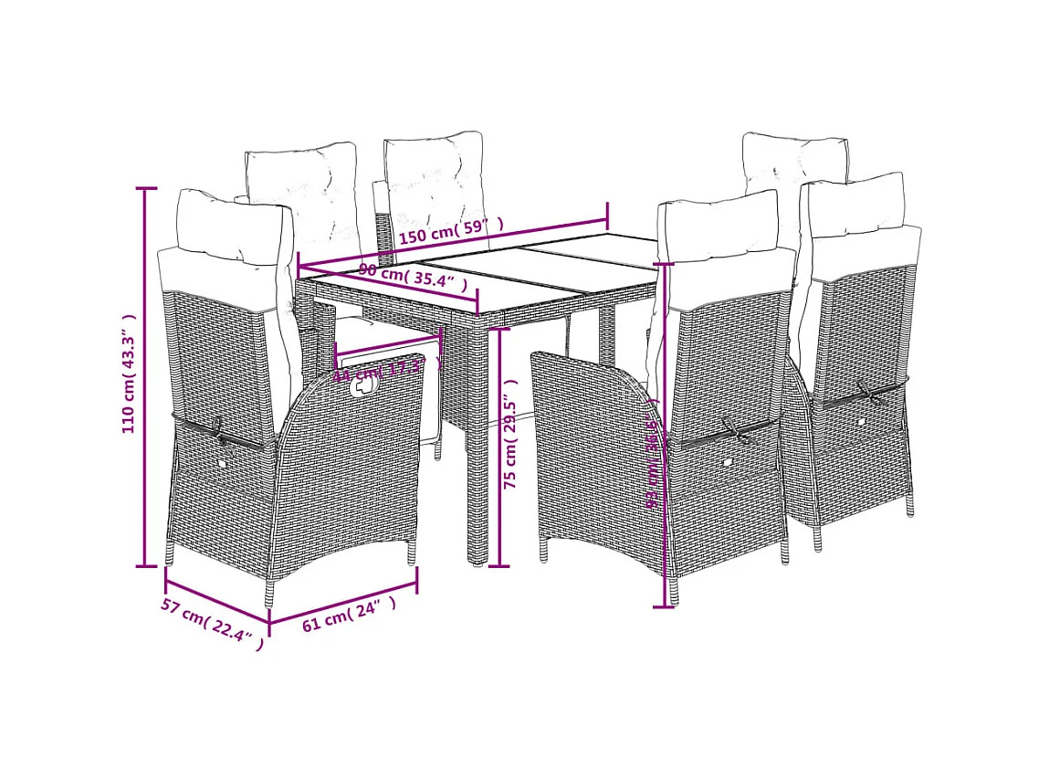 Ensemble à manger de jardin coussins 7pcs Noir Résine tressée
