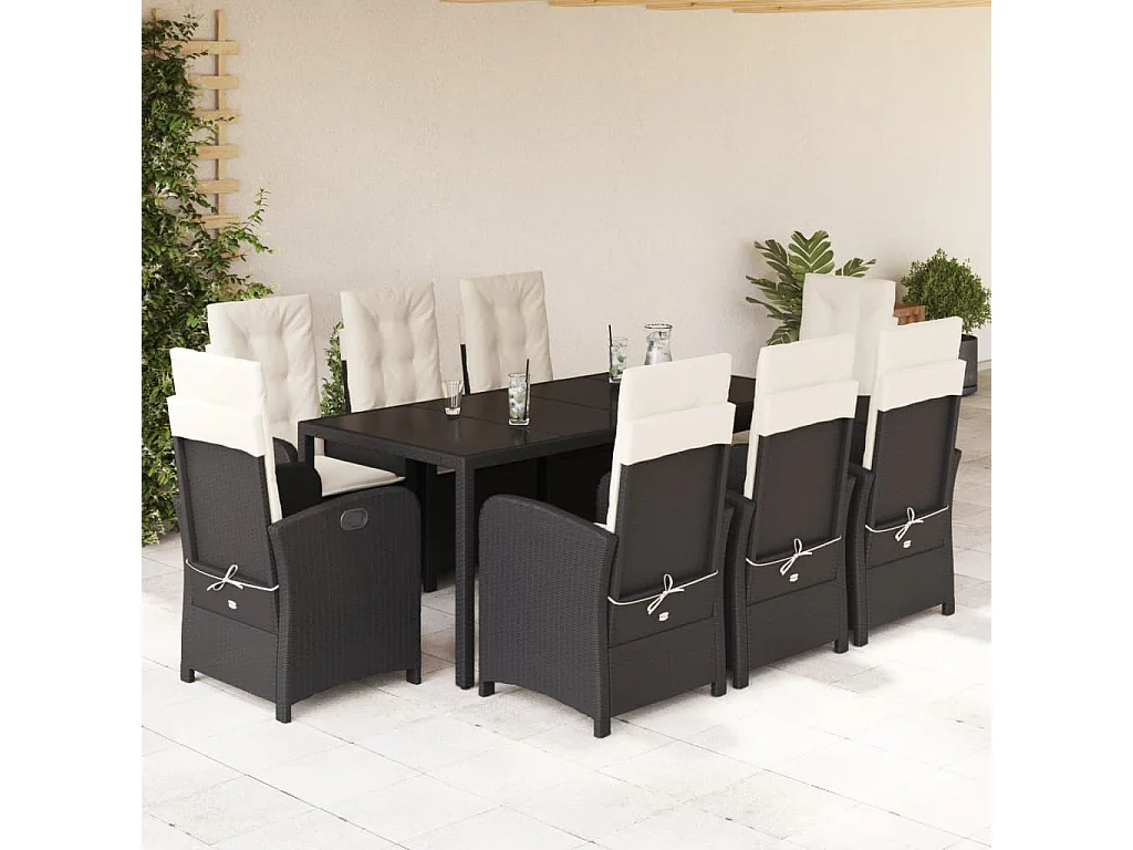 Set da Pranzo da Giardino 9 pz con Cuscini Nero in Polyrattan