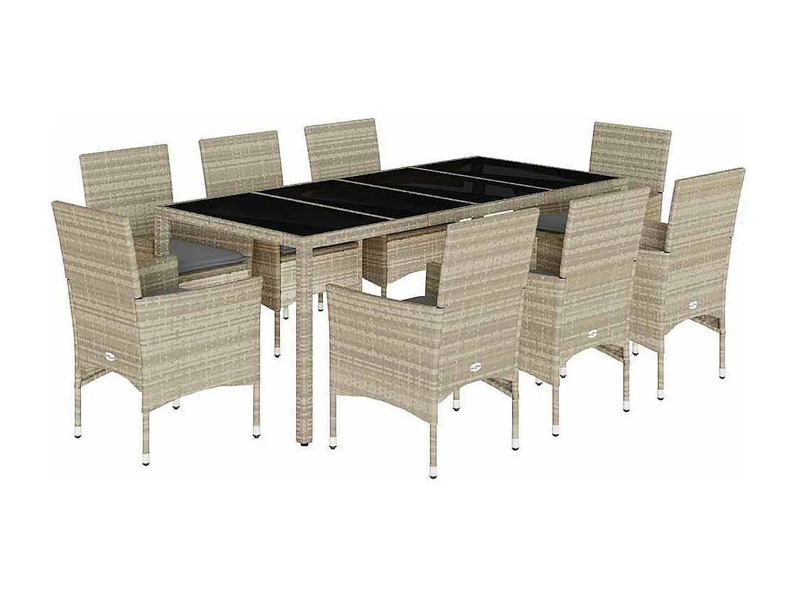 Set Pranzo Giardino 9 pz Cuscini Grigio Chiaro Polyrattan Vetro