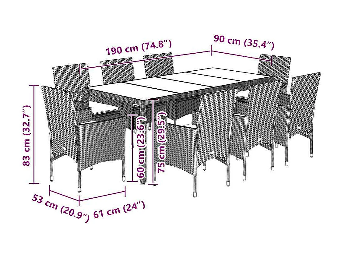 Ensemble à manger de jardin avec coussins 9 pcs rotin et verre