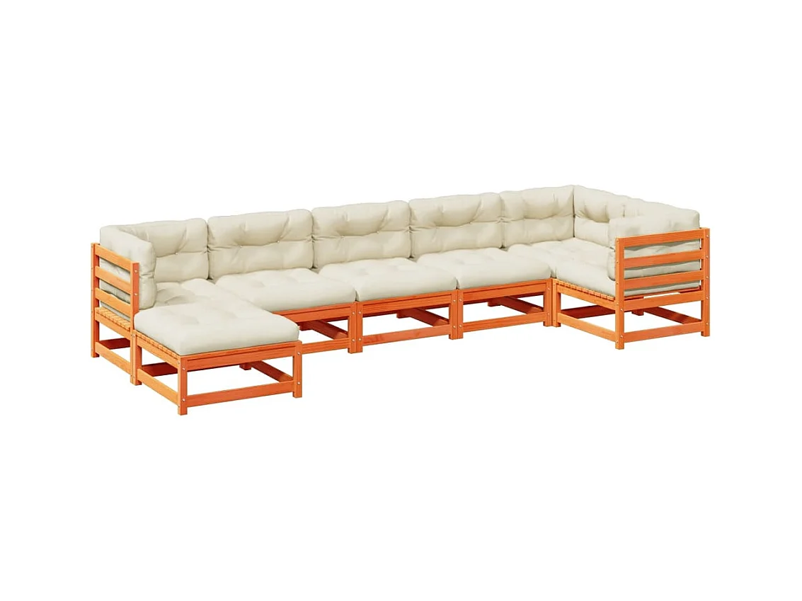 Salon de jardin 7 pcs avec coussins cire marron bois pin massif