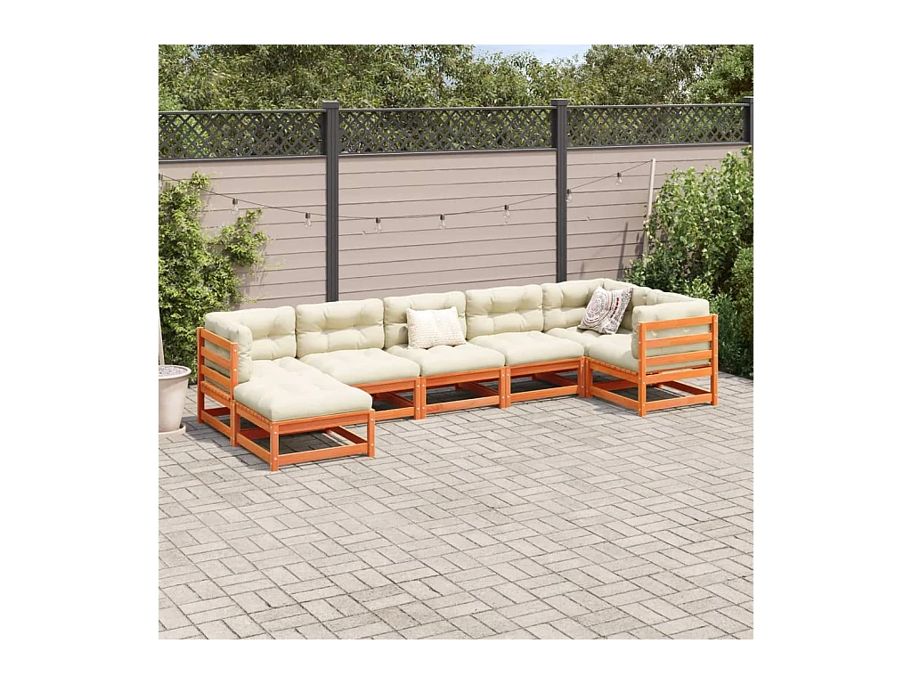 Salon de jardin 7 pcs avec coussins cire marron bois pin massif