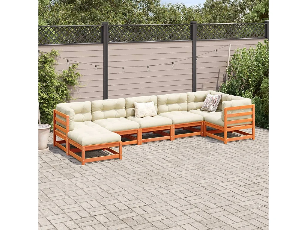 Salon de jardin 7 pcs avec coussins cire marron bois pin massif