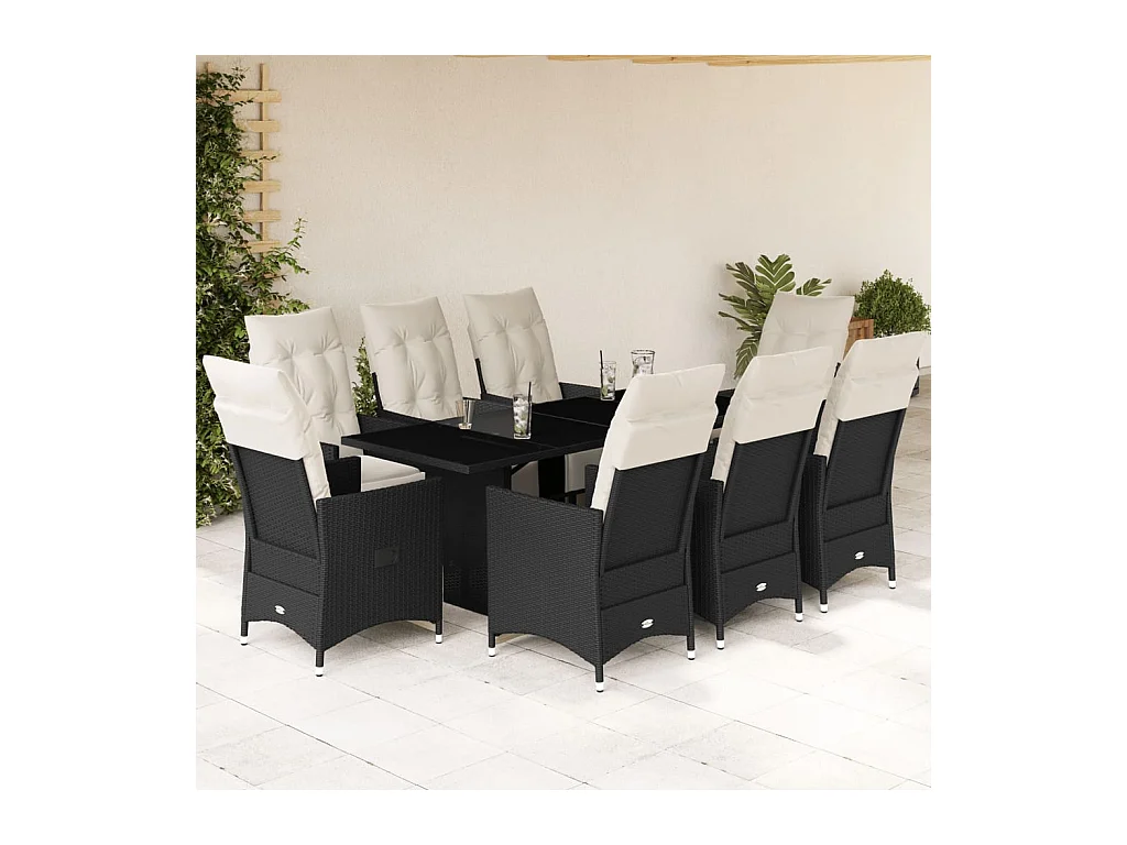 Set da Pranzo da Giardino 9 pz con Cuscini Nero in Polyrattan
