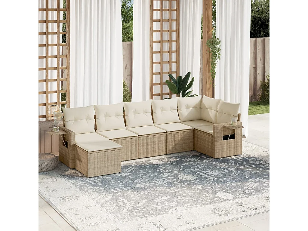 Salon de jardin avec coussins 7 pcs beige résine tressée