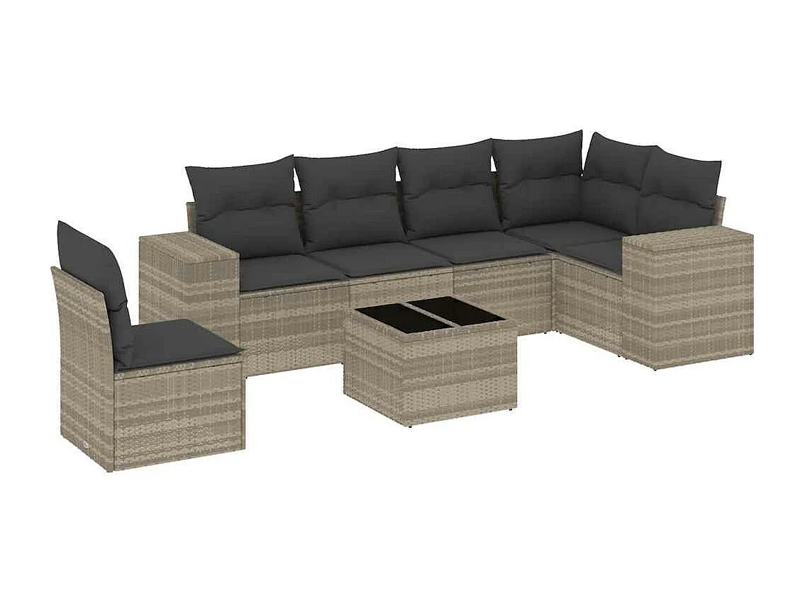 7 pcs conj. sofás jardim com almofadões vime PE cinzento-claro