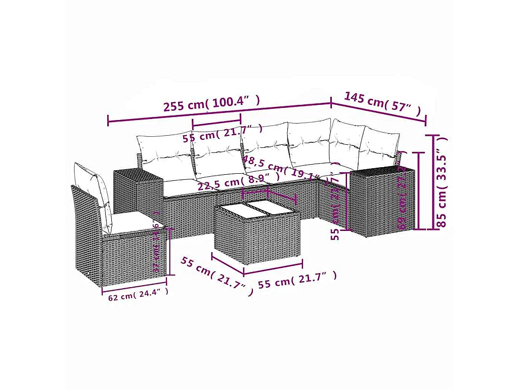 7 pcs conj. sofás jardim com almofadões vime PE cinzento-claro