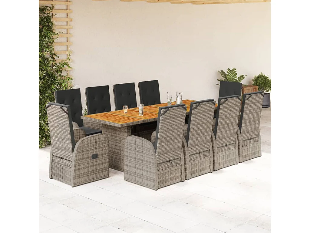 Ensemble à manger de jardin 11pcs avec coussins gris poly rotin