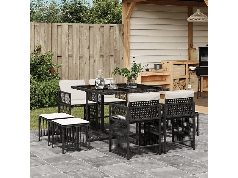 Ensemble à manger de jardin 9pcs coussins noir résine tressée