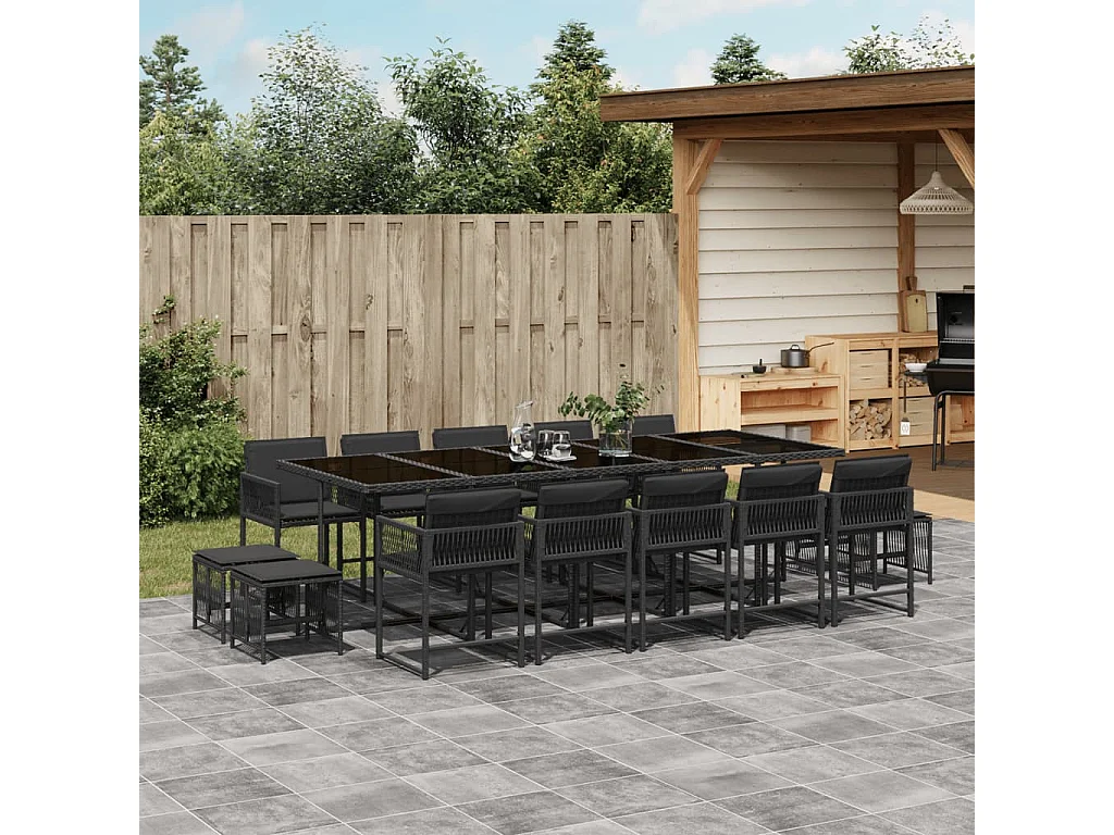 15-tlg. Garten-Essgruppe mit Kissen Schwarz Poly Rattan