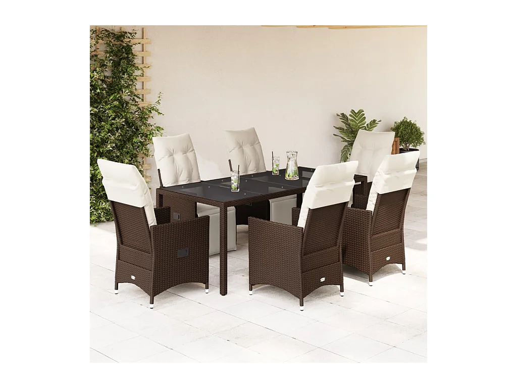 Ensemble de bistro de jardin 7 pcs coussins marron poly rotin