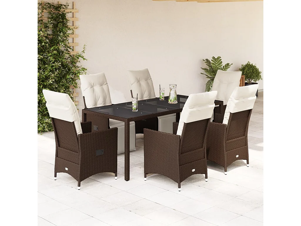 7-delige Bistroset met kussens poly rattan bruin