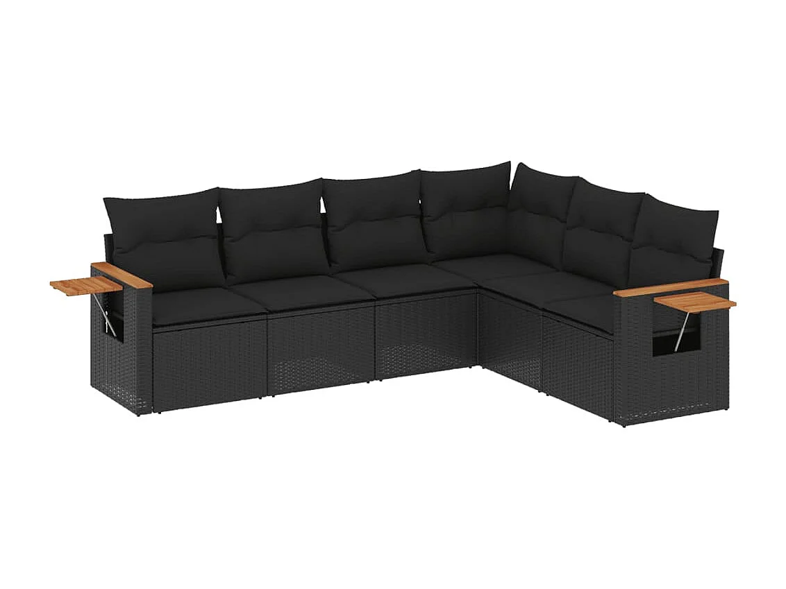 6-delige Loungeset met kussens poly rattan zwart
