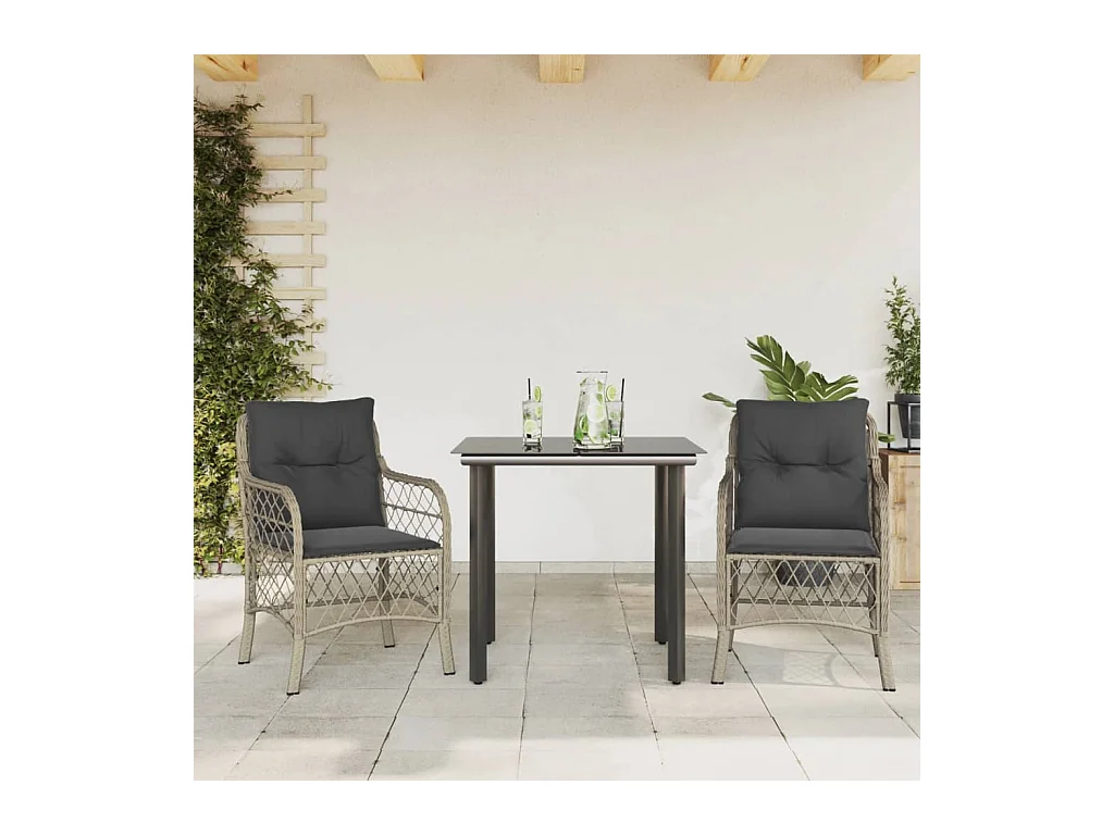 3-tlg. Bistro-Set mit Kissen Hellgrau Poly Rattan