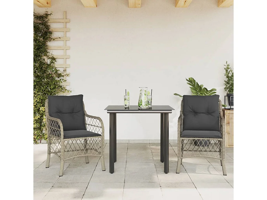 3 pcs conjunto bistrô com almofadões vime PE cinzento claro