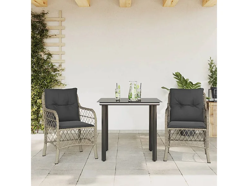 3 pcs conjunto bistrô com almofadões vime PE cinzento claro