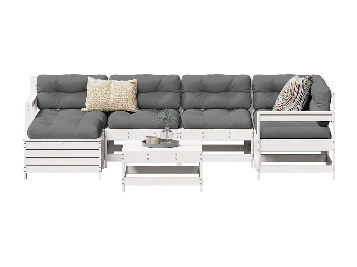 Set Divani da Giardino 7 pz Bianco in Legno Massello di Pino