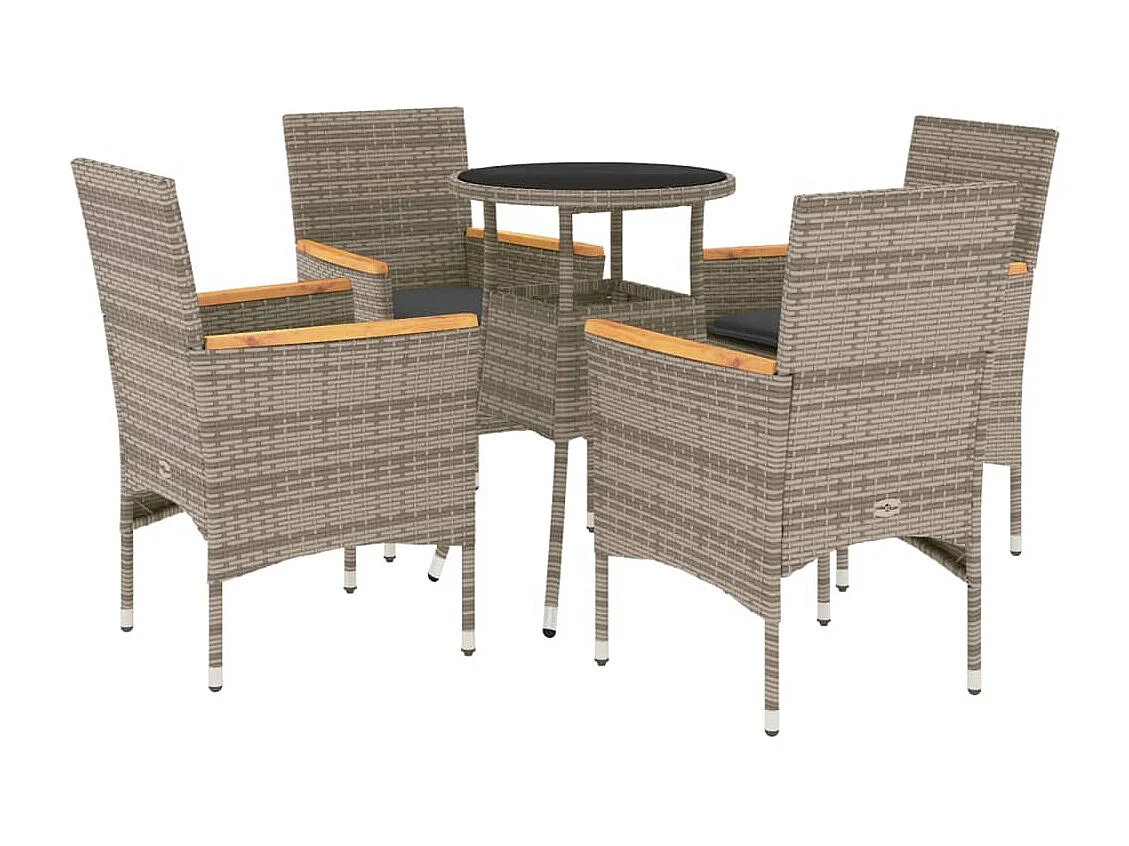 5-delige Tuinset met kussens poly rattan en glas grijs