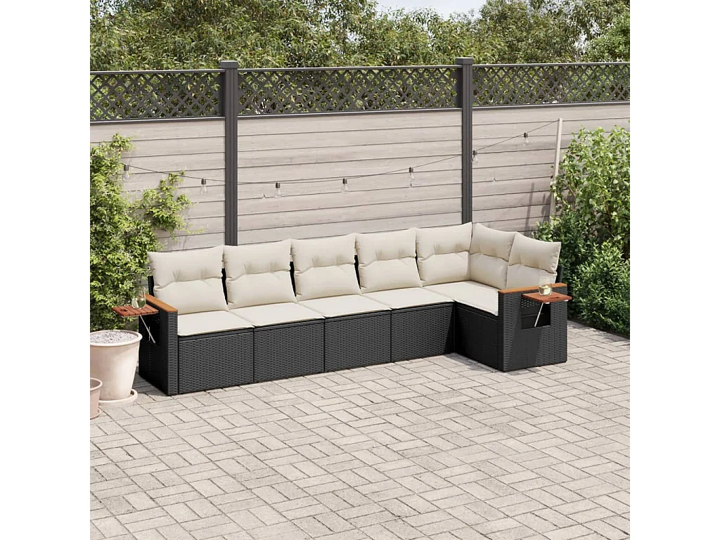 6 pcs conjunto sofás de jardim c/ almofadões vime PE preto