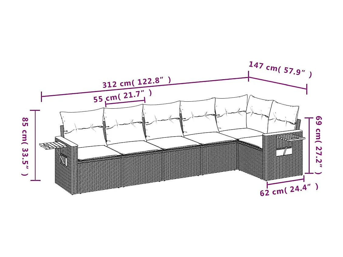 6 pcs conjunto sofás de jardim c/ almofadões vime PE preto