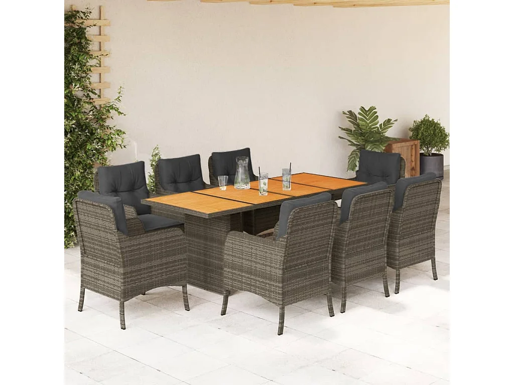 Ensemble à manger de jardin 9 pcs coussins gris résine tressée