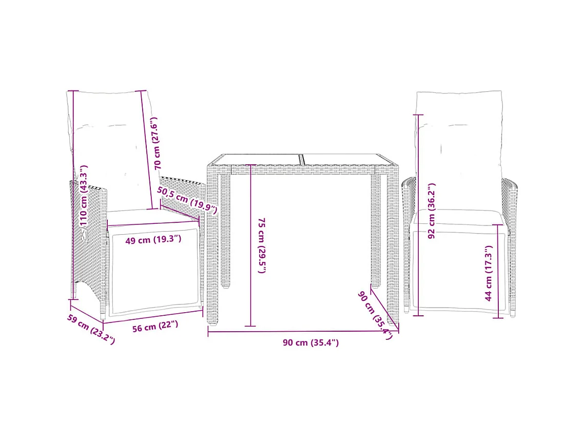 Ensemble de bistro de jardin 3 pcs coussins marron poly rotin