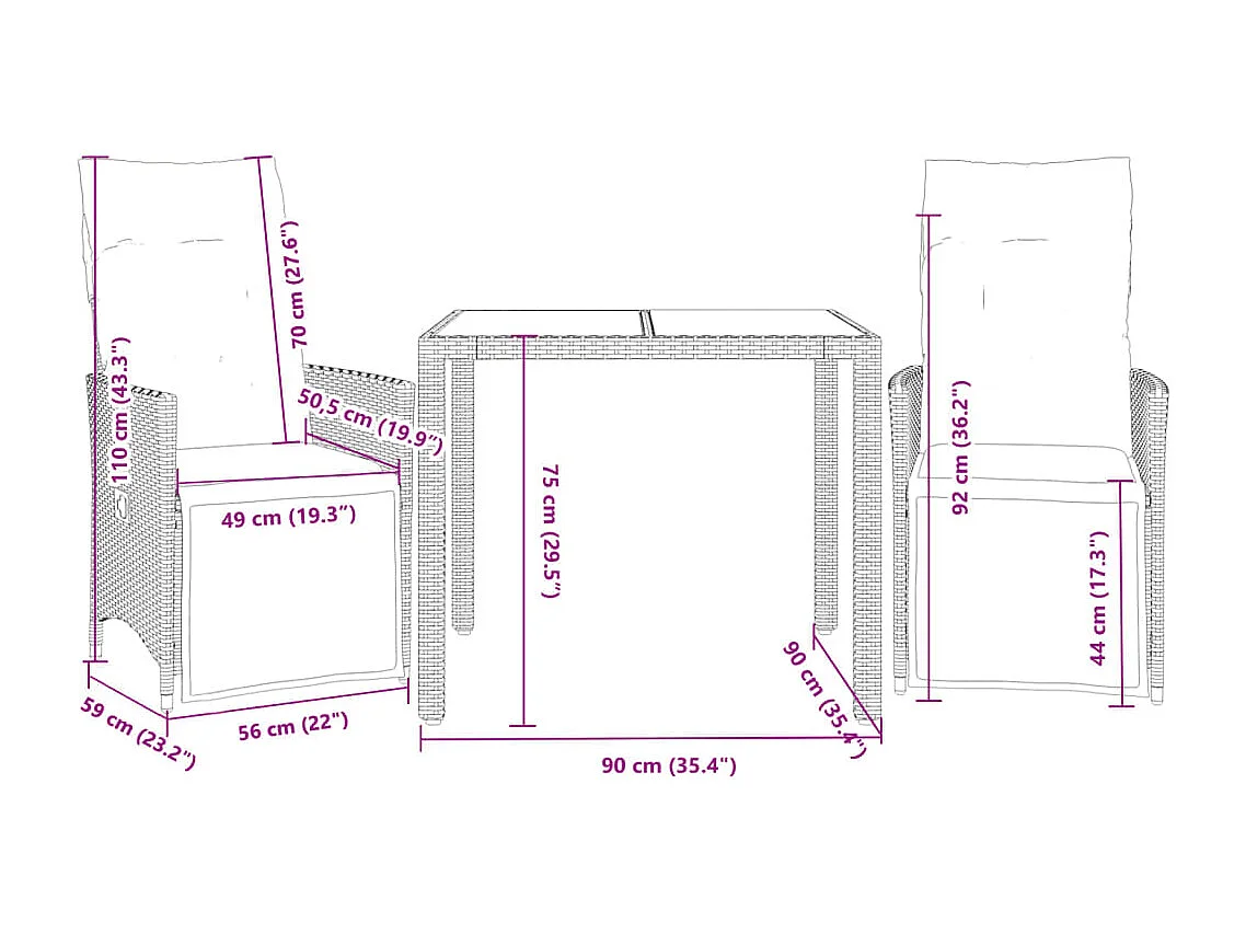 Ensemble de bistro de jardin 3 pcs coussins marron poly rotin