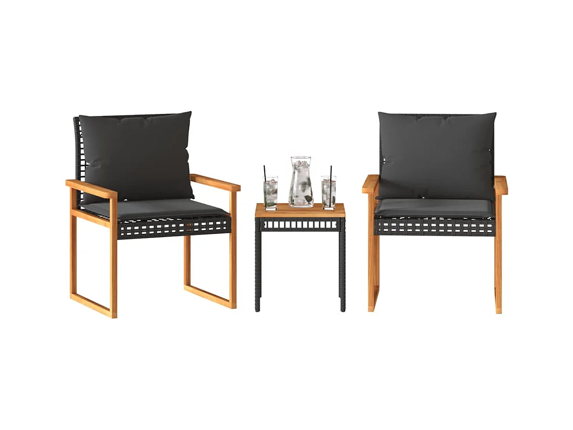 Ensemble de bistro 3 pcs et coussins noir résine tressée acacia
