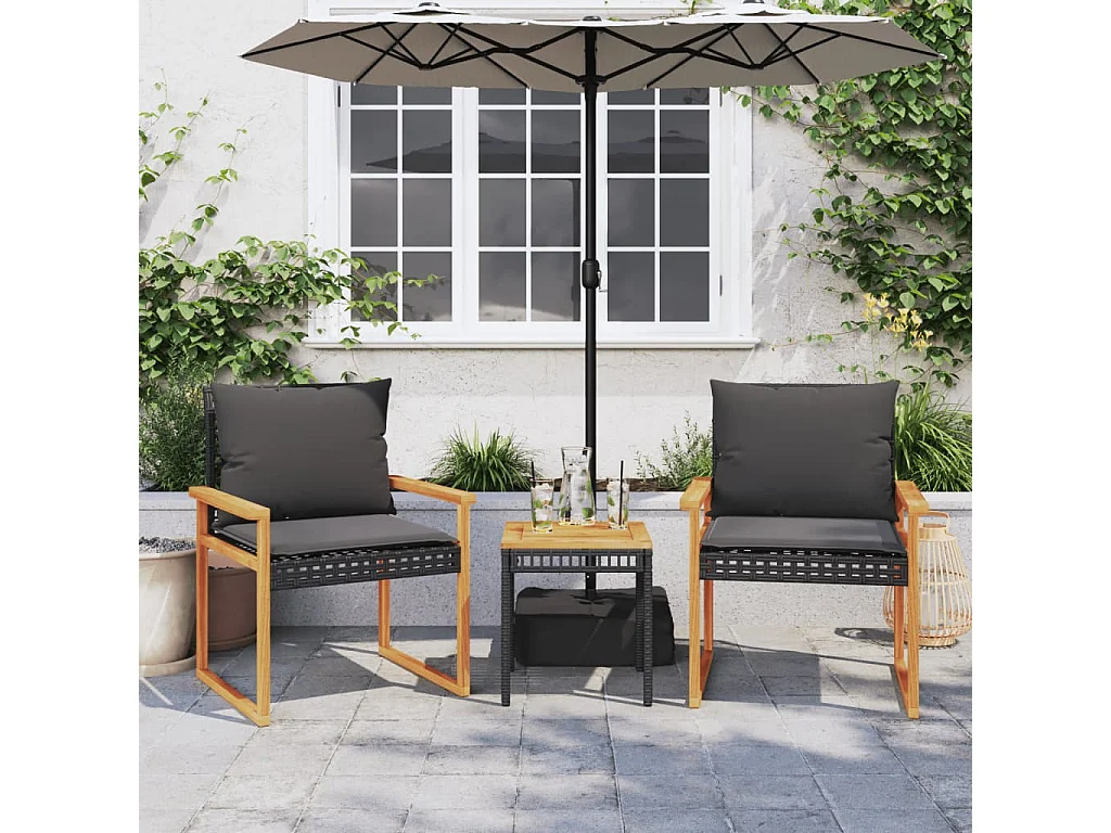 Conjunto de bistrô com almofadões 3 pcs vime PE e acácia preto