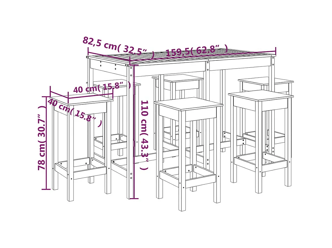 Ensemble de bar de jardin 7 pcs blanc bois de pin massif