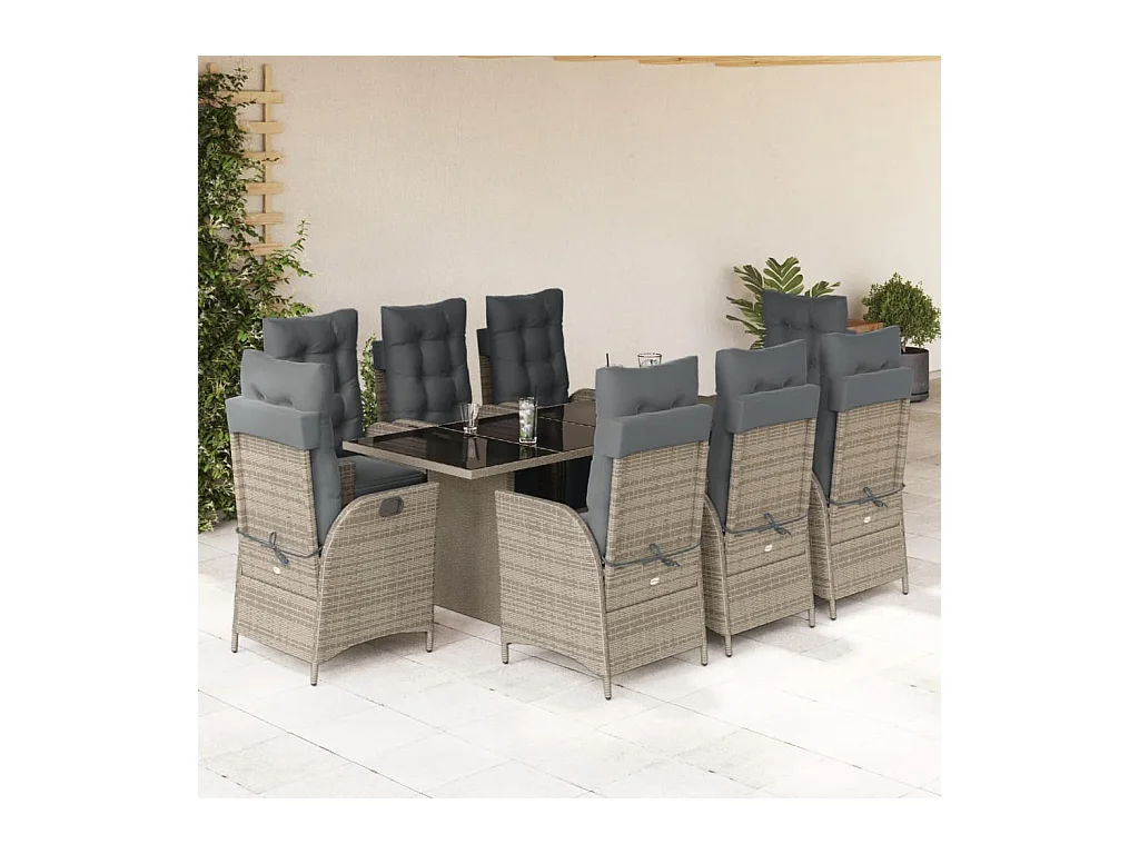 Ensemble à manger de jardin 9 pcs coussins gris résine tressée