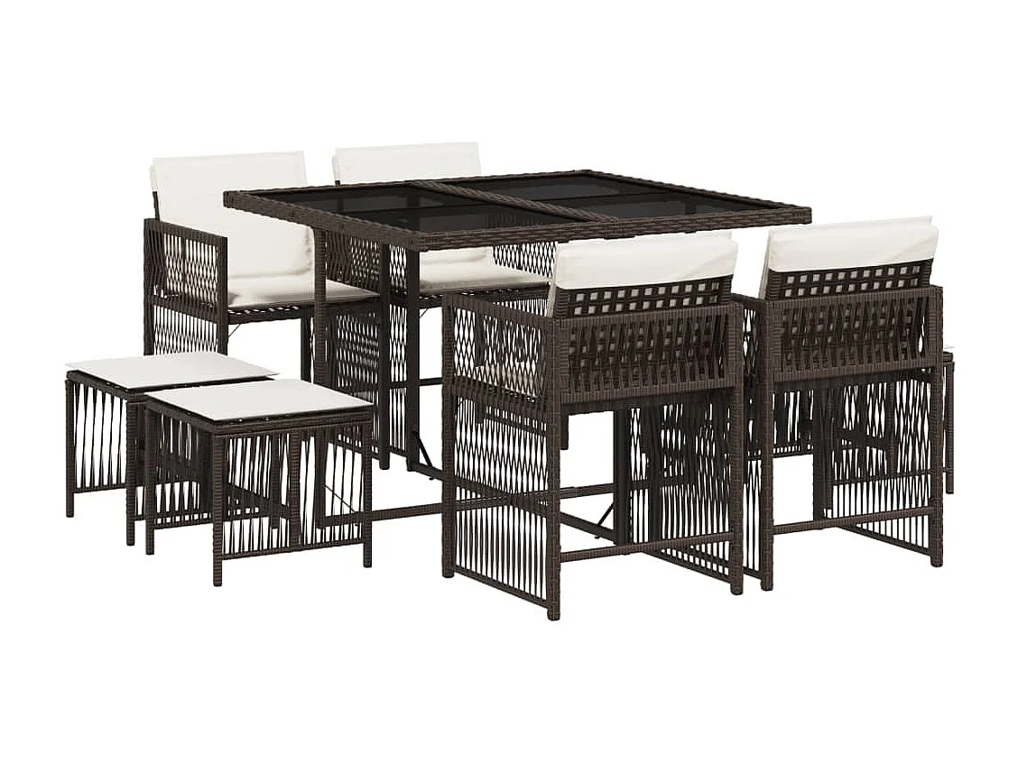 Ensemble à manger de jardin et coussins 9 pcs marron poly rotin