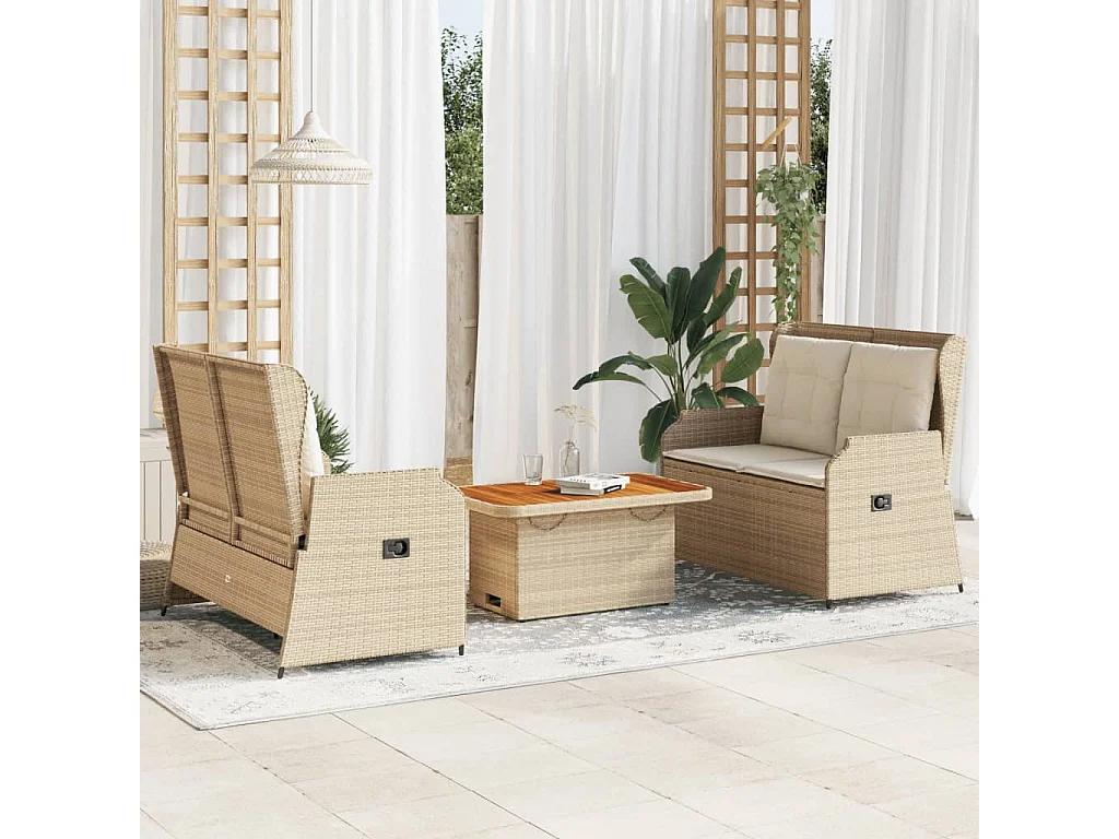 3 pcs conjunto lounge de jardim com almofadões vime PE bege