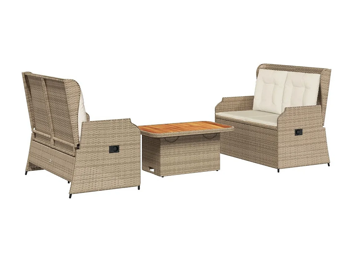 3 pcs conjunto lounge de jardim com almofadões vime PE bege