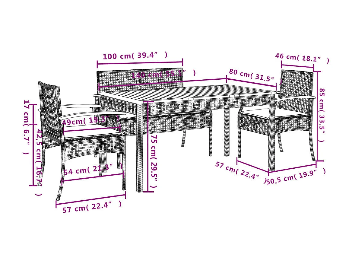 5 pcs conjunto de jantar p/ jardim c/ almofadões vime PE preto