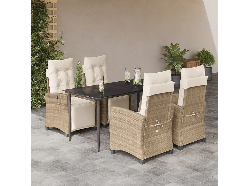 Ensemble à manger de jardin avec coussins 5pcs Beige poly rotin