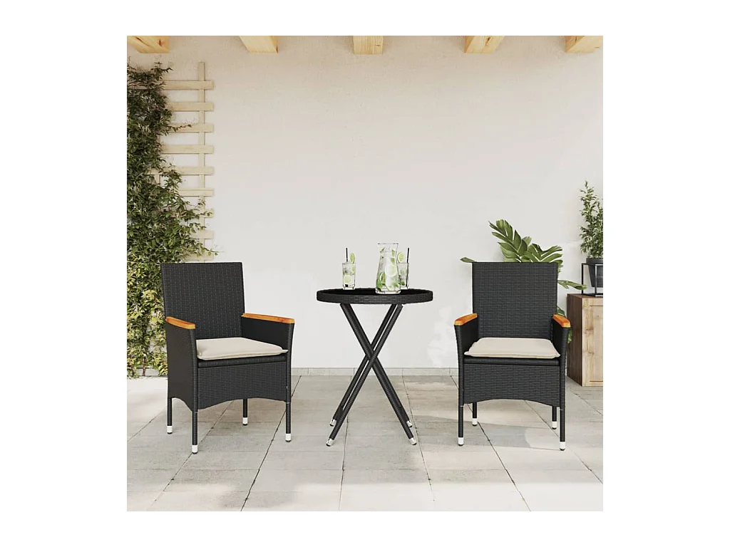 3-tlg. Bistro-Set mit Kissen Schwarz Poly Rattan und Glas