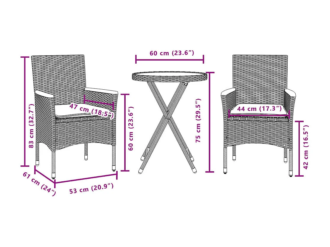 3 pcs conjunto de bistrô com almofadões vime PE/vidro preto