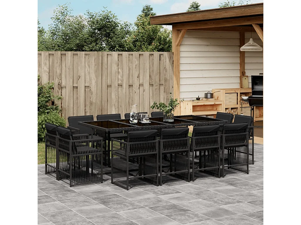 Ensemble à manger de jardin 13 pcs coussins noir résine tressée