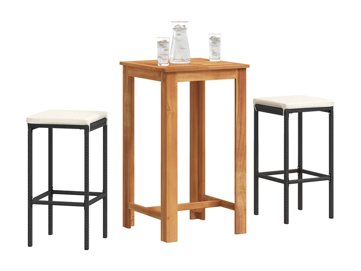 Ensemble de bar de jardin 3 pcs noir bois massif acacia rotin