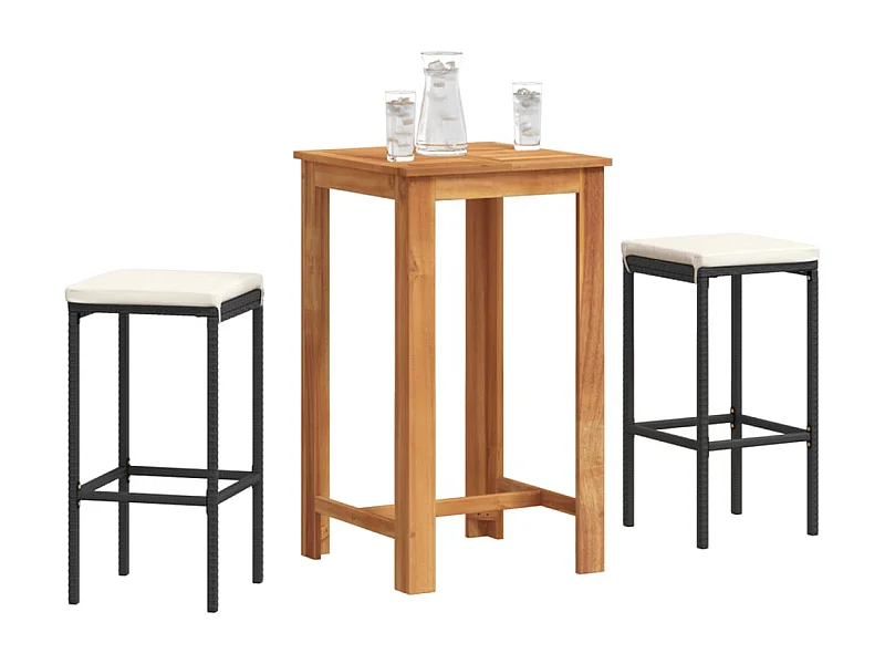 3-tlg. Gartenbar-Set Schwarz Massivholz Akazie und Poly Rattan