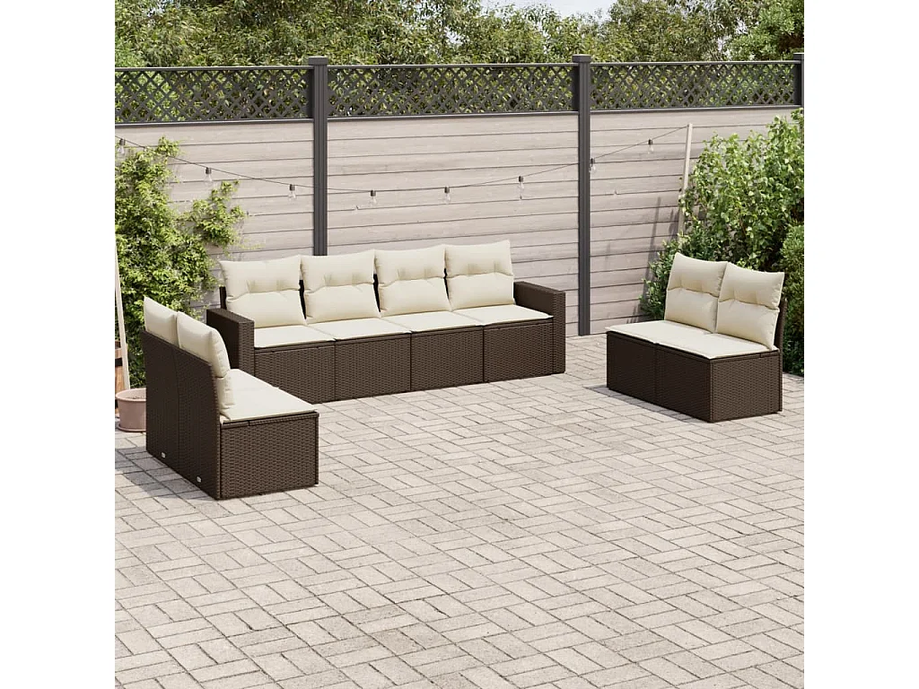 Set Divani da Giardino 8 pz con Cuscini Marrone in Polyrattan