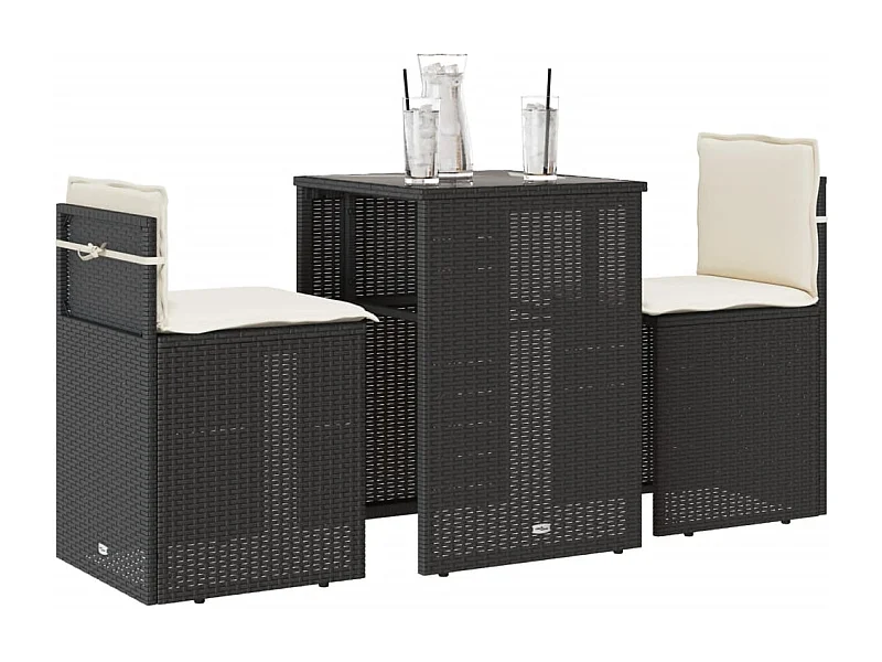 3-tlg. Bistro-Set mit Kissen Schwarz Poly Rattan