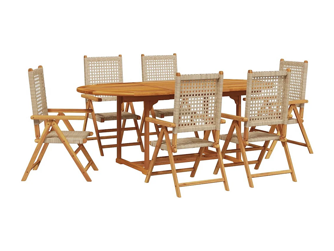 Ensemble à manger de jardin 7 pcs beige rotin et bois massif