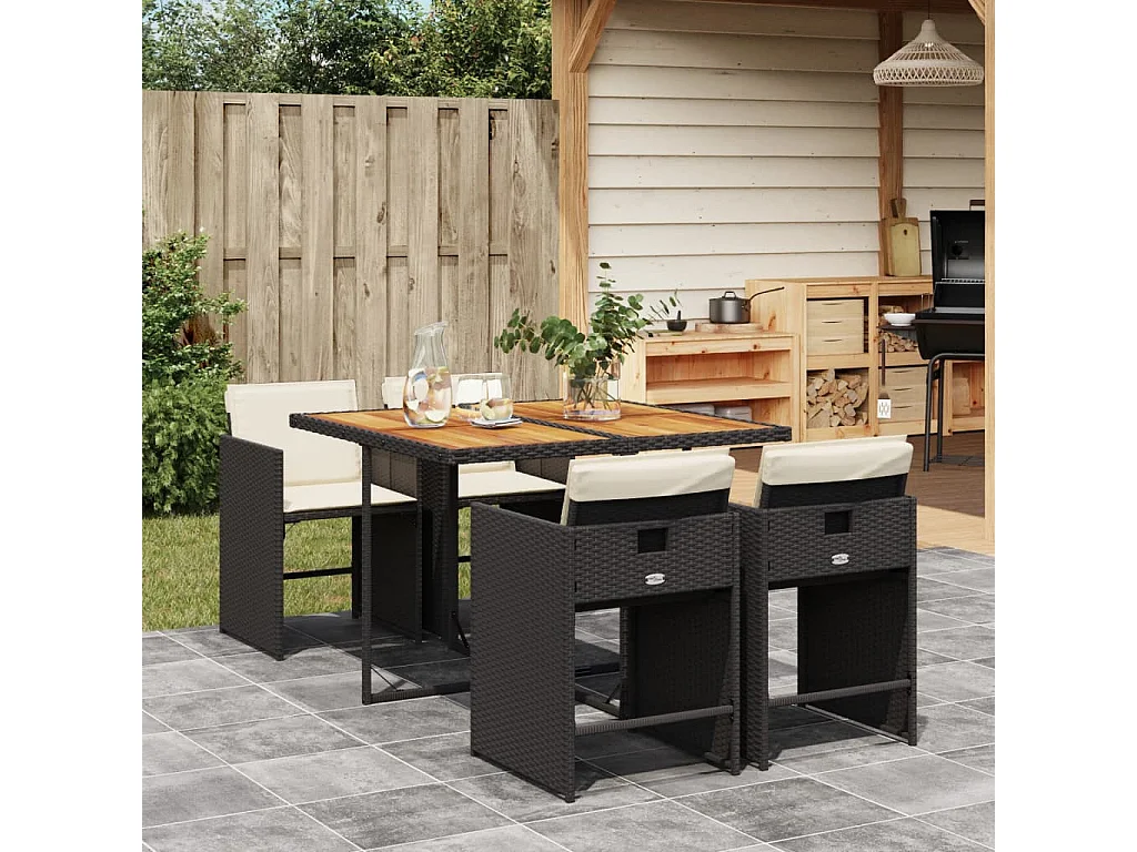 Set da Pranzo da Giardino 5 pz Nero con Cuscini in Polyrattan