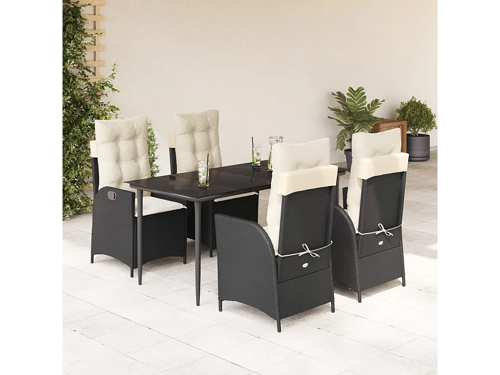 Ensemble à manger de jardin coussins 5pcs Noir Résine tressée