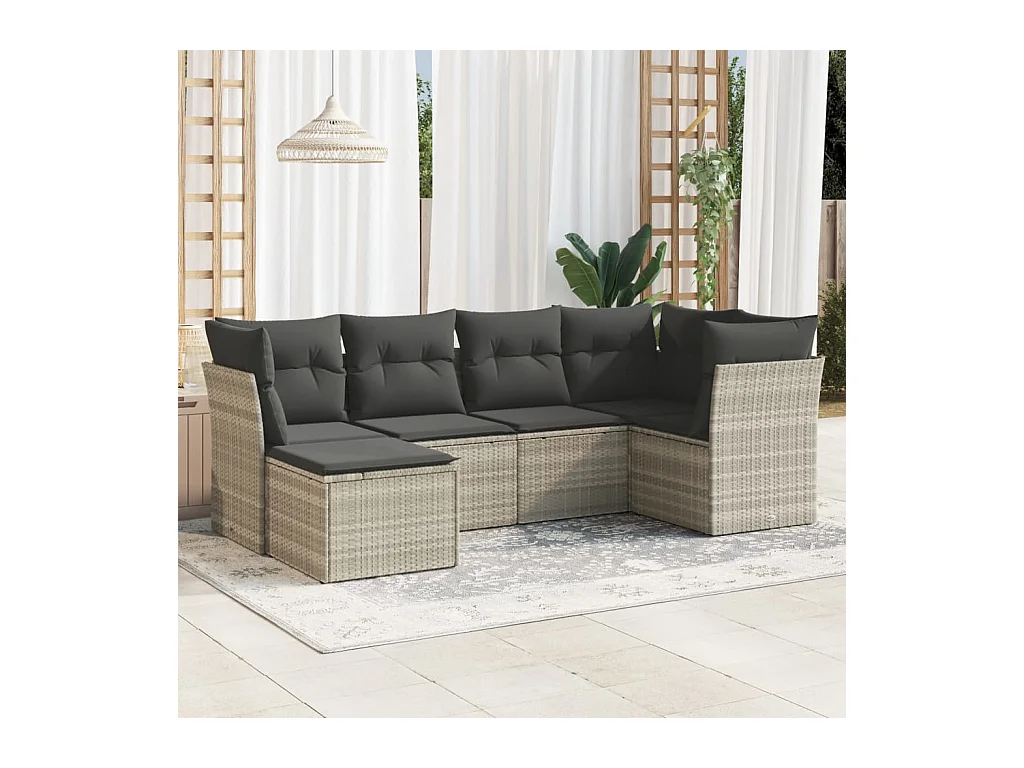 Set Divano da Giardino 6pz con Cuscini Grigio Chiaro Polyrattan