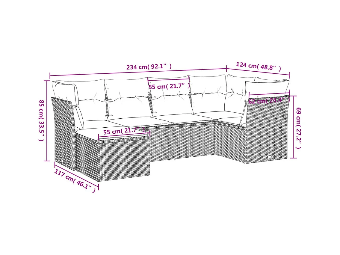 Set Divano da Giardino 6pz con Cuscini Grigio Chiaro Polyrattan