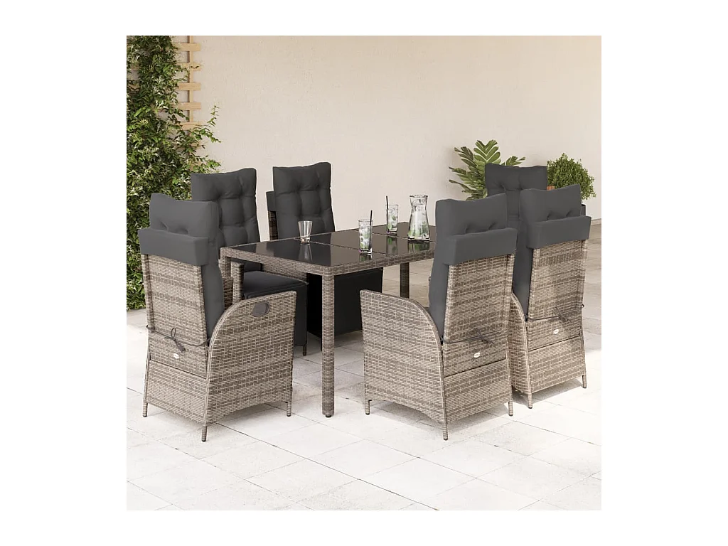 7 pcs conjunto de jantar p/ jardim c/ almofadões vime PE cinza